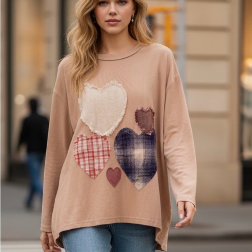 Heart Patchwork Beige Top NWT - image 1